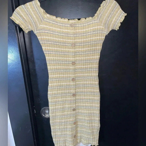 MAY PINK MINI RIBBED  SHORT SLEEVE YELLOW STRIPE BUTTON DOWN DRESS SMALL - Picture 7 of 13